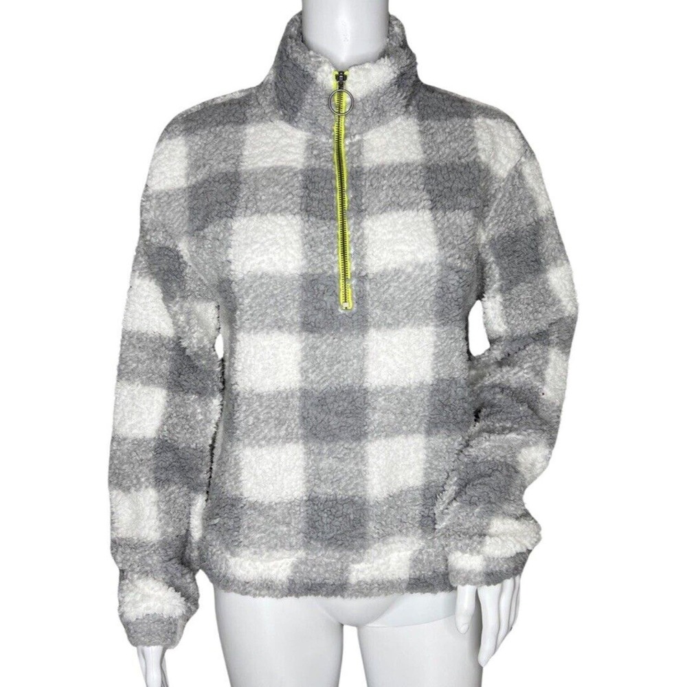 Wallflower‎ Shirt Womens Medium Gray White Plaid Fleece Sweatshirt Casual Preppy